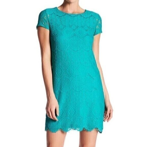 LAUNDRY SHELLI SEGAL Short Cap Sleeve Lace Shift Dress Teal Green Blue  Party 10 - joarbit.com